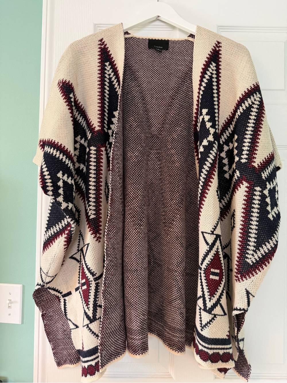 Lumiere Open-Front Aztec Knit Cardigan - Cream, Navy & Burgundy